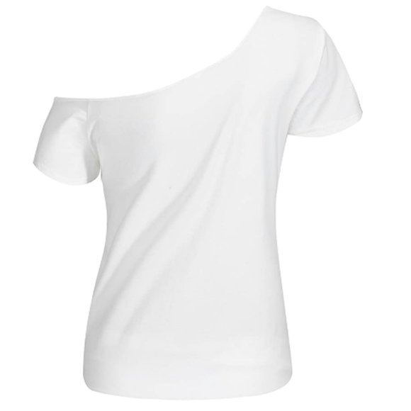 Women Short Sleeve Lips Print Off Shoulder T-Shirt - Picture 2 of 7